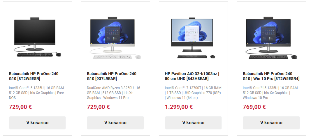Slika (screenshot) kategorije all in one računalnikov podjetja SO d.o.o. z integriranim linkom do kategorije